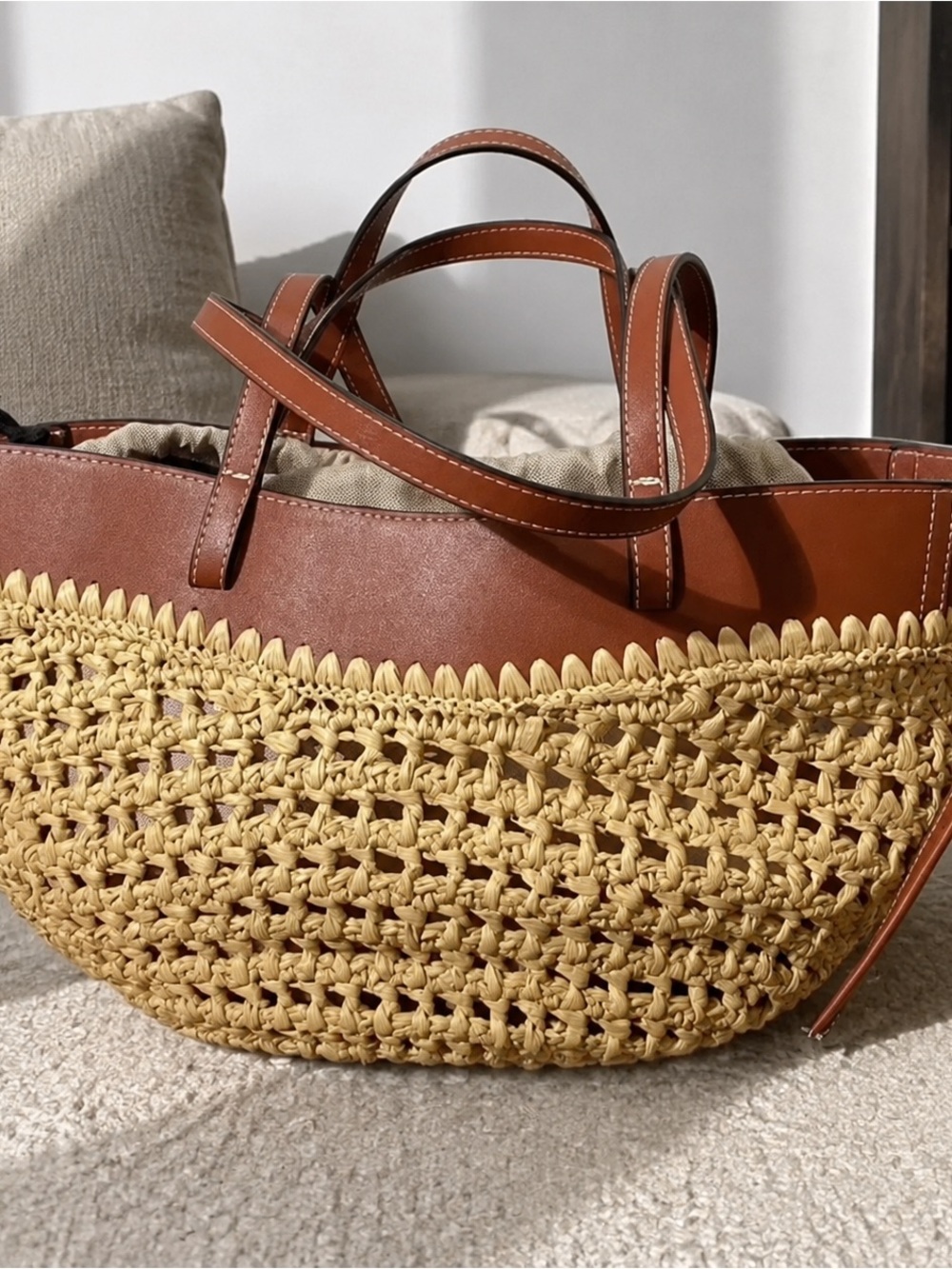 Polene Woven Straw Crossbody Tote with Brown Leather Trim - Picture 4 of 4